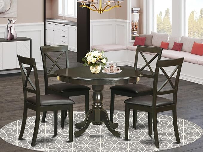 East West Furniture HLBO5-CAP-LC 5 Piece Dinette Set for 4 Includes a Round Dining Room Table with Pedestal and 4 Faux Leather Upholstered Dining Chairs, 42x42 Inch, Cappuccino