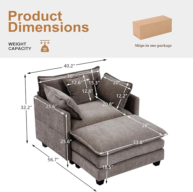 Furniliving Oversized Accent Chair with Ottoman, Luxury Chenille Single Sofa, Upholstered Deep Seat Chaise Lounge with Pillows for Living Room, Bedroom, Apartment, Grey