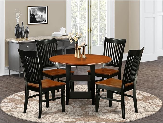 East West Furniture SUWE5-BCH-W 5 Piece Dining Set Includes a Round Dining Room Table with Dropleaf & Shelves and 4 Kitchen Chairs, 42x42 Inch, Black & Cherry