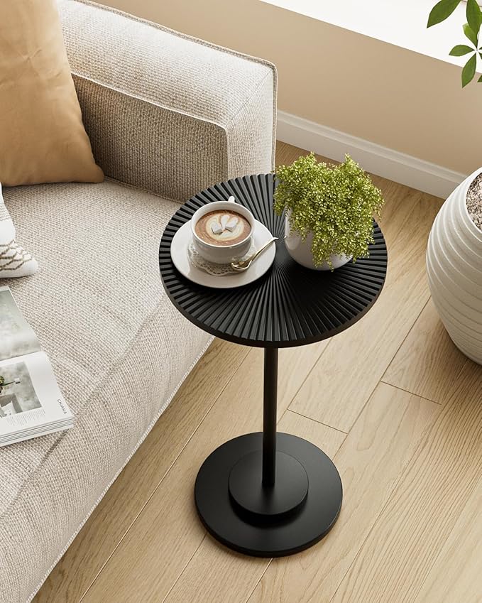 Round Side Table, Small Drink Table for Small Spaces, Modern Accent End Table Coffee Table with Metal Leg for Living Room, Bedroom, Corners, and Office (Black)