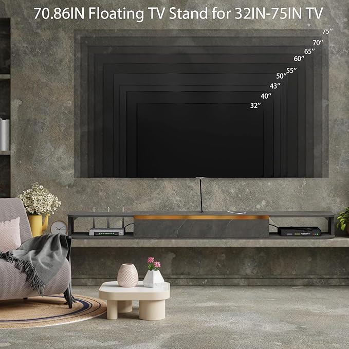 Floating TV Stand, 71'' Wall Mounted Entertainment Center TV Media Console, Floating Shelves with Door, Floating TV Cabinet Large Storage TV Bench for Living Room (Dark Grey, 70.86IN)