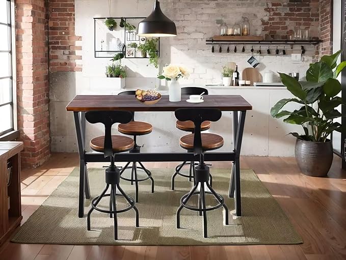 Bar Table, 63"L×41.33"H Bar Height Pub Table High Top Rectangular Sofa Console Table Kitchen Dining Coffee Table, for Narrow Space, Living Room, Indoor, Rustic Brown Wood, Industrial Black Metal