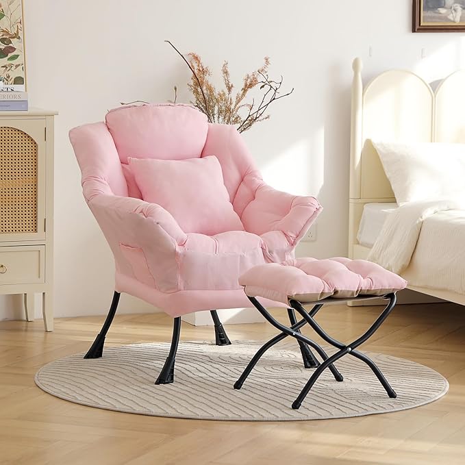 Large Lazy Chair with Ottoman, Accent Reading Chair with a Throw Pillow, Cozy Lounge Armchair, Leisure Sofa Chair for Living Room, Bedroom, Dorm, Peach Pink