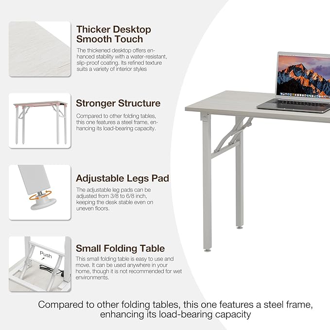 TEMI Long Computer Desk Folding Table - 55.1" Foldable Office Desk, No Assembly, Perfect Writing Table for Bedroom or Apartment, Portable Large Desk or Study Table with Compact Design, White Ash