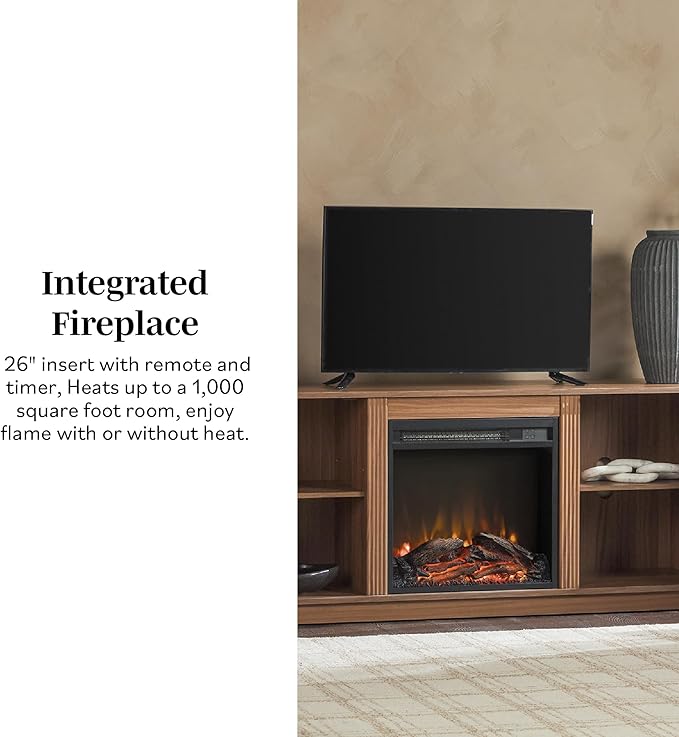 Walker Edison Chloe Reeded TV Stand with Fireplace Insert, 75 Inch, 70 Inch, Mocha