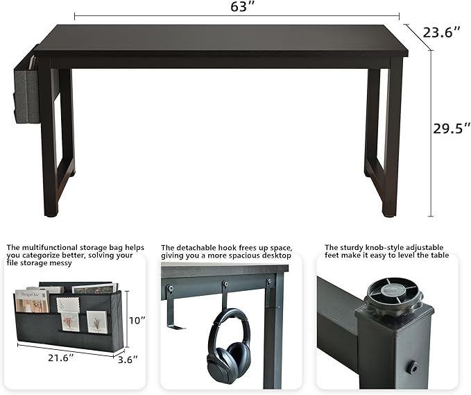 Large Computer Desk - 63 Inch Home Office Desks Study Student Writing Table Gaming Desk Wood Modern Simple Table with Storage Bag & Headphone Hooks, Black