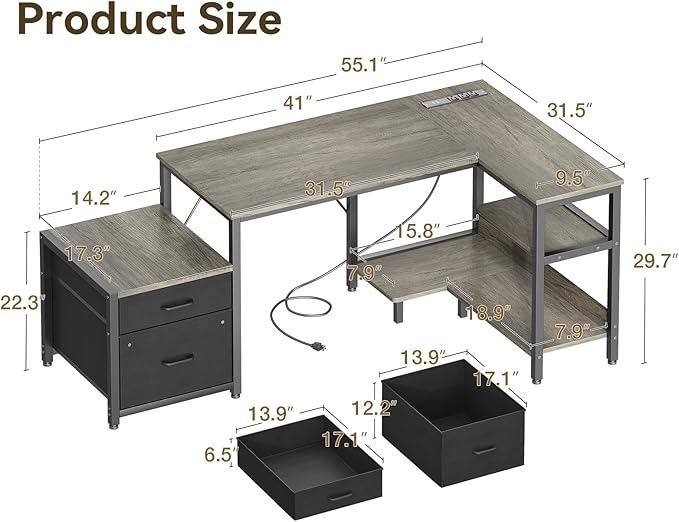 Casaottima L Shaped Desk with Drawers & File Cabinet, Computer Desk with Storage Shelves & CPU Stand, Corner Desk with Power Outlets, Reversible L Desk for Home Office, Grey