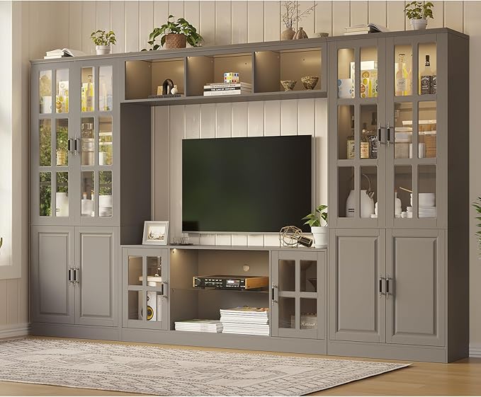 4-Piece Wall Unit TV Stand with Storage & LED Lights for TVs up to 75", Modern Entertainment Center with Bookshelves & 4-Door Pantry Cabinet, Gray