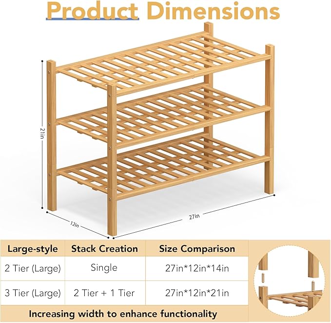 Haddockway Large 3 Tier Bamboo Shoe Rack Storage Organizer,Multifunctional Free Standing Stackable Shoe Shelf with Grid Panel for Closet,Hallway,Entryway,Small Space 27"x12"x21"(Natural, 3-Tier Large)