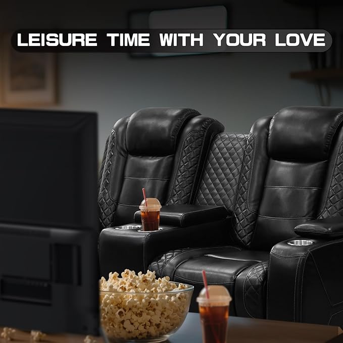 PU Leather Power Wall Hugger Chair Double Reclining Sectional Sofa 2-Seater Loveseat Couch with Center Storage Console & Armrests, USB Port, 4 Cup Holders and LED Light for Living Room RV Theater