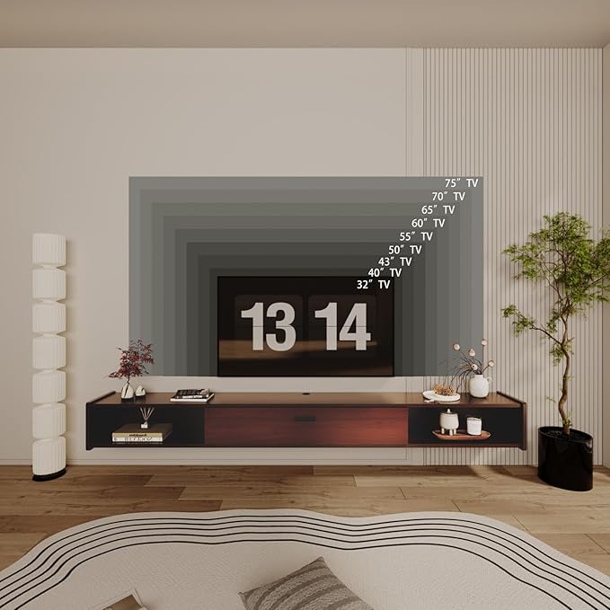 70'' Floating TV Stand,Wall Mounted TV Console,Floating TV Cabinet,Under TV Shelf for Bedroom Living Room(Walnut)
