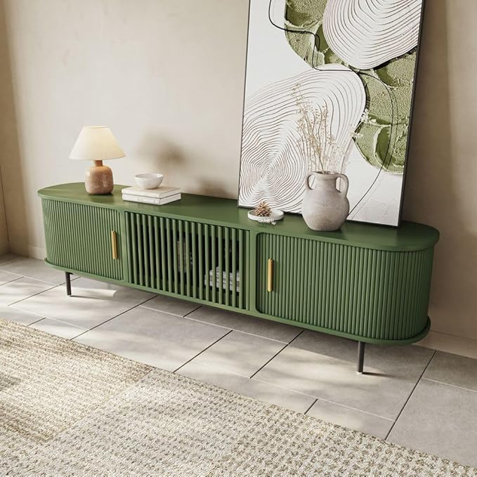 POVISON Fully-Assembled Modern Green TV Stand with Tambour Doors, Fluted TV Media Console for 75 Inch TVs, Sliding Door Entertainment Center with Storage for Living Room (Green, 78.74")