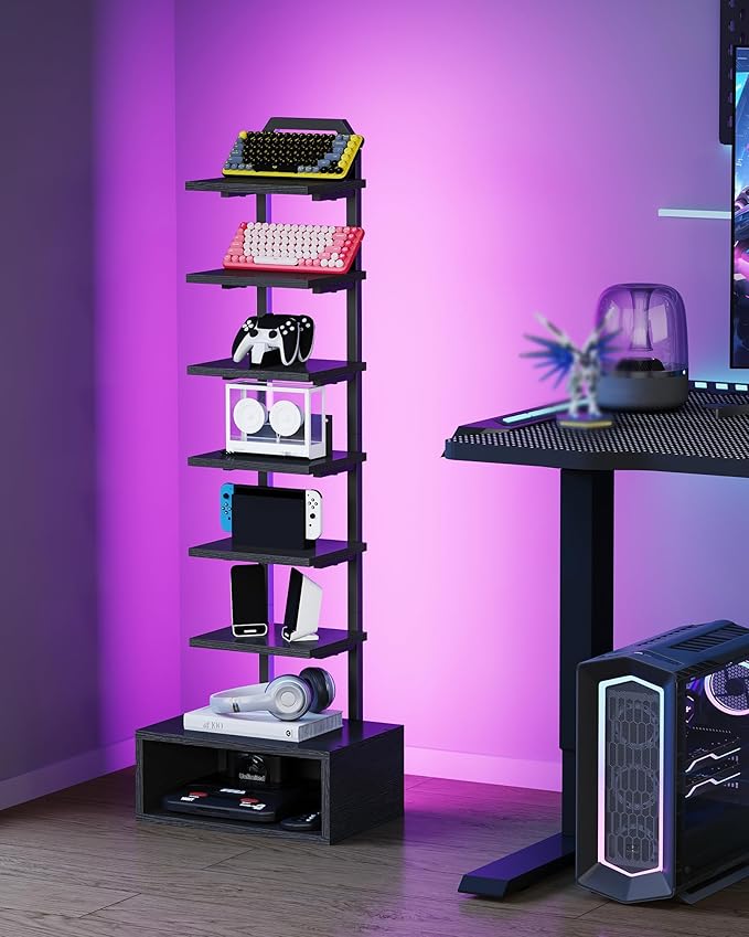 8-Tier Bookshelf, LED Bookcase with Semi-Open Bottom, Small Space Standing Shelf with Lights, Corner Storage Stand, for Living Room, Home Office, Bedroom, Black TSJ08DBB