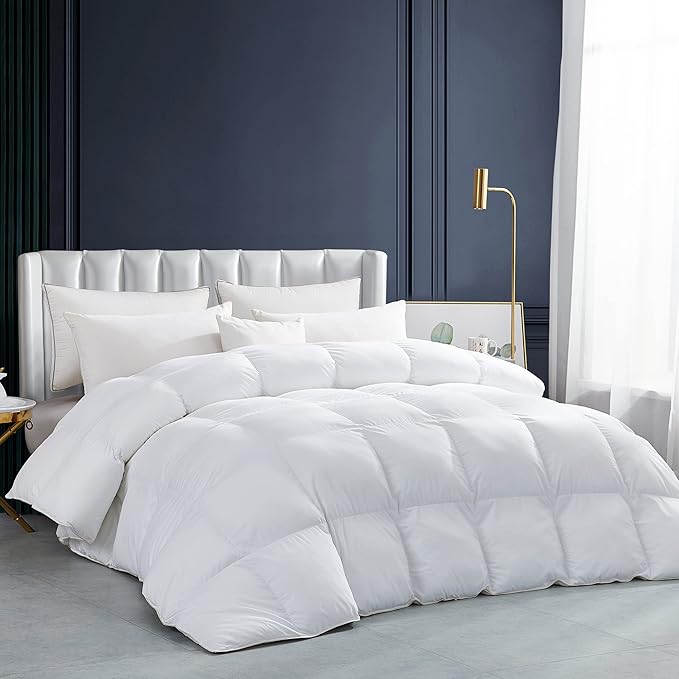 Luxurious White Solid Heavy Weight, California King Size Goose Feathers Down Comforter for Winter Weather Duvet Insert, Premium Baffle Box, 100% Egyptian Cotton Cover, 80 oz. Fill Weight