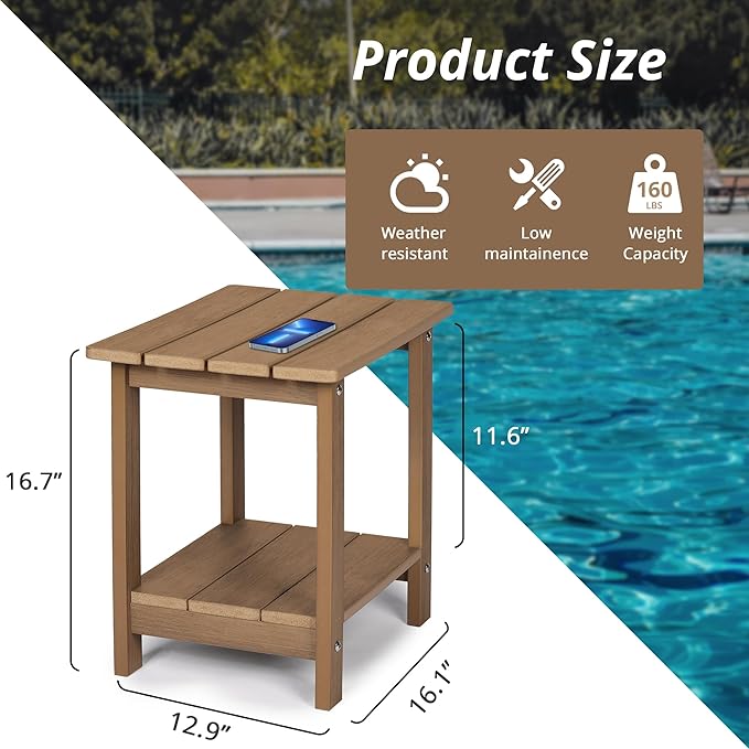 LUE BONA Adirondack Outdoor Side Table, 2-Tier Brown-Oil HDPS Patio End Table Weather Resistant, Morden Side Table for Patio, Pool, Porch