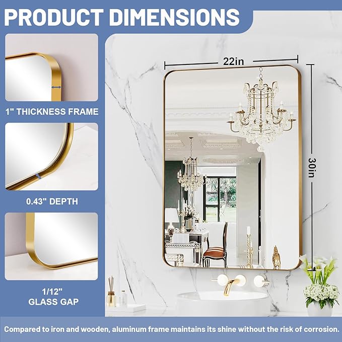 22x30 Inch Brushed Gold Mirror for Bathroom, Rounded Rectangle Mirrors Wall Mounted, Anti-Rust Metal Framed Bathroom Mirror for Wall, Modern Vanity Mirrors Hangs Horizontally or Vertically