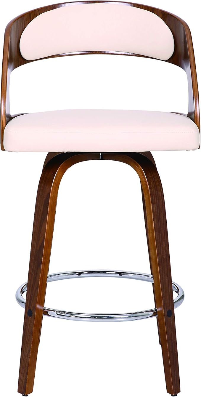 Armen Living Shelly 26" Counter Height Swivel Cream Faux Leather and Walnut Wood Bar Stool - Set of 4