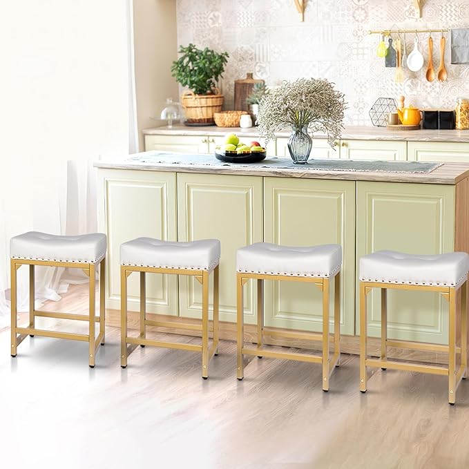 Bar Stools Set of 2, Counter Height Bar Stools for Kitchen Island, 24 Inch Modern White & Gold Saddle Backless Barstools, Counter Stool with Metal Base & Thick Saddle Seats(White+Gold)