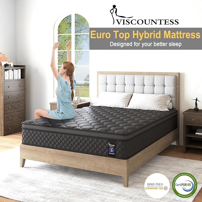 Full Mattress, Hybrid Mattresses 10 Inch Euro Top Medium Firm for Back & Lumbar Support, 100 Night Trial, Individual Pocket Spring Bed for Motion Isolation & Pressure Relief Black