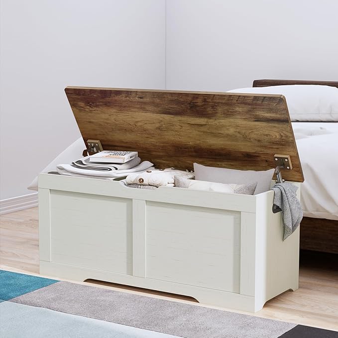 39.4" Storage Chest, Wooden Storage Bench, Lift Top Toy Chest with 2 Safety Hinges, Large Toy Box, Entryway Bench for Living Room, Bedroom, Brown and Rustic White