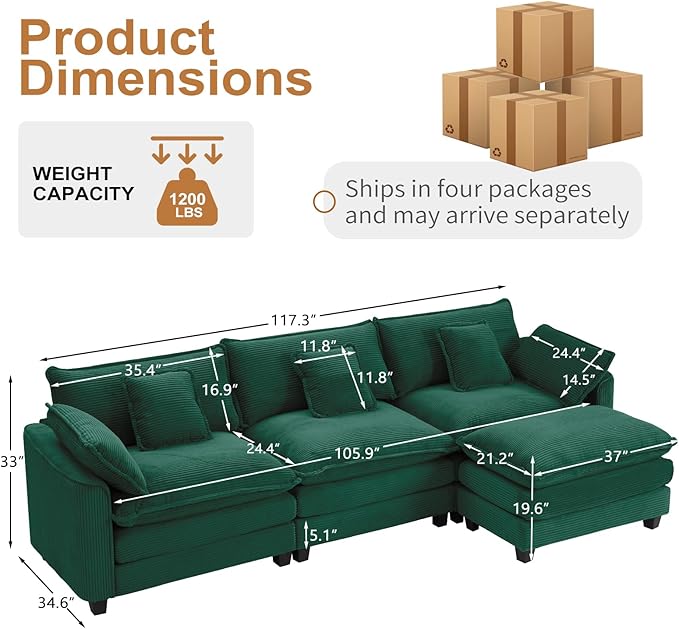 Furniliving 117‘’ L-Shaped Sofa, Luxury Corduroy Modular Sectional Couches with Ottoman, Upholstered Deep Seat Sleeper Sofa with Memory Foam and Waist Pillows, Green