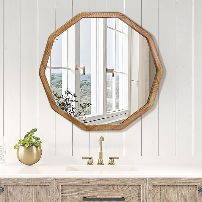 ULIKE Wood Mirror for Wall, 24 Inch Rustic Farmhouse Mirror with Wood Frame, Decorative Wall Mounted Vanity Mirrors for Bathroom Bedroom Living Room Entryway, Brown
