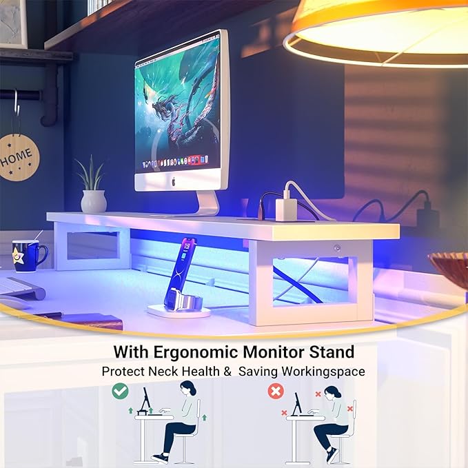 Computer Desk with USB Power Outlets and LED Lights, 47 inch Gaming Desk with Monitor Stand for Small Space Home Office, Modern Simple Study Writing Table PC Desks, White
