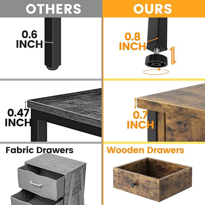 Nightstands Set of 2 with Wood Drawers, Bedside Table Set of 2 with Storage Shelf, Heavy Duty End Side Table for Bedroom Living Room Bedroom Small Space Sofa Couch, Wooden Metal Night Stand, Black