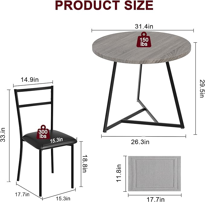 CABIHOME Dining Table Set for 2, Round Kitchen Table Set, Dining Table Set with 2 Upholstered Chairs, 3 Piece Kitchen Table Set for Small Space, Apartment, Retro Gray