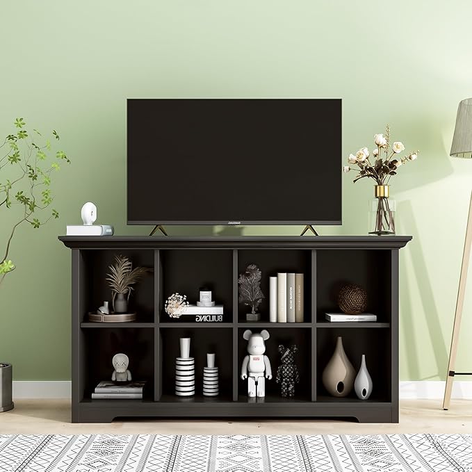 Cube Shelf Bookcase with Base - Wooden 2 Tiers Floor Standing Low Storage Cabinet for Home and Office, 8-Cube Lattice Bookshelf, Black