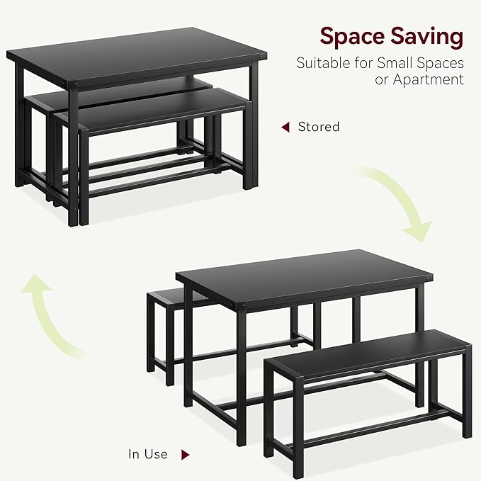 Dining Table Set for 4 with 2 Benches, 3-Piece Kitchen Table Set, Space-Saving Dining Set for Kitchen, Dining Room, Black