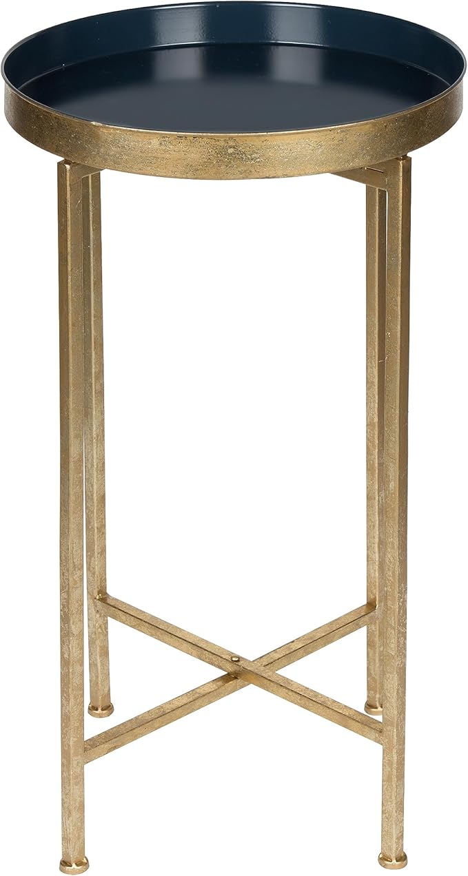 Kate and Laurel Celia Round Metal Foldable Tray Accent Table, Navy Blue with Gold Base