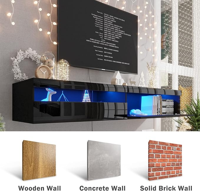 Floating TV Stand with Led Lights, 71 inch Wall Mounted TV Shelf with Power Outlet, Modern Entertainment Center Media Console with Storage Cabinet, Up to 80 Inch TVS, Black
