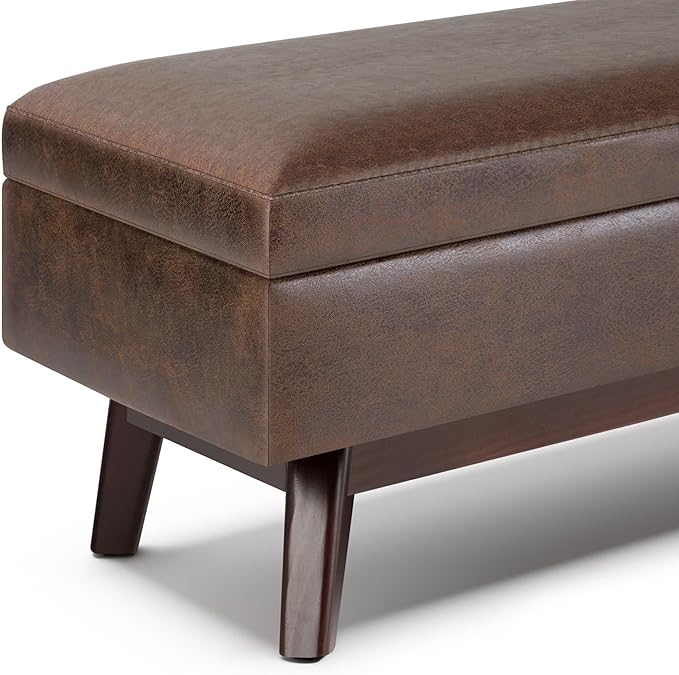 SIMPLIHOME Owen 48 inch Wide Mid Century Modern Rectangle Rectangular Storage Ottoman in Distressed Chestnut Brown Vegan Faux Leather, Assembled, For the Living Room, Entryway and Family Room