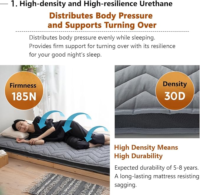 EMOOR Japanese Wool-Blend Padded Futon Mattress GOMA Queen Dark Gray, Gusset Foldable Sotrable Elastic Bands Floor Sleeping Guest Bed Tatami Mat