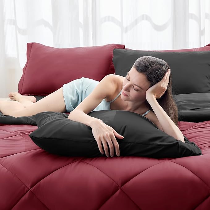 HEVUMYI Red & Black Full Comforter Set - 7-Piece All Season Bed in a Bag Full, Ultra Soft Burgundy Bedding Set with Comforter, Flat Sheet, Fitted Sheet, Pillowcases, Pillow Shams, Burgundy Red & Black