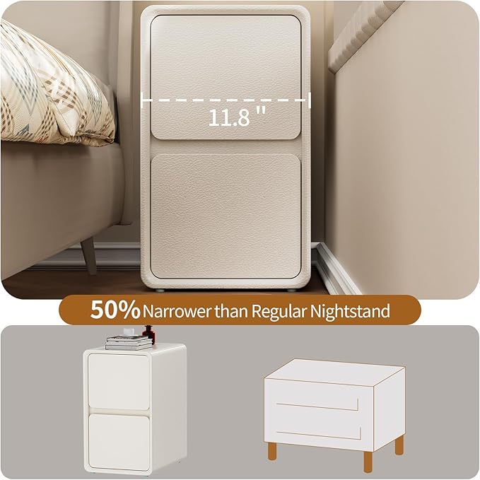 VICITON Modern Narrow Faux Leather Nightstand, Solid Wood Drawer, Storage Accent Table, Small Side End Table for Bedroom (Cream White, Nomal(12 inch))