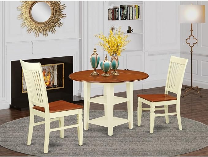 East West Furniture SUWE3-BMK-W 3 Piece Kitchen Table & Chairs Set Contains a Round Dining Table with Dropleaf & Shelves and 2 Dining Room Chairs, 42x42 Inch, Buttermilk & Cherry