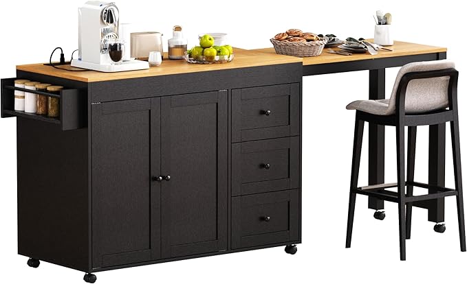 Ball & Cast 74.8" Kitchen Island with Extendable Dining Table,Kitchen Storage Cart W/Power Outlet and 3 Drawers,Rolling Kitchen Island on Wheels W/Spice Rack & 2 Door Cabinet,for Kitchen,Black