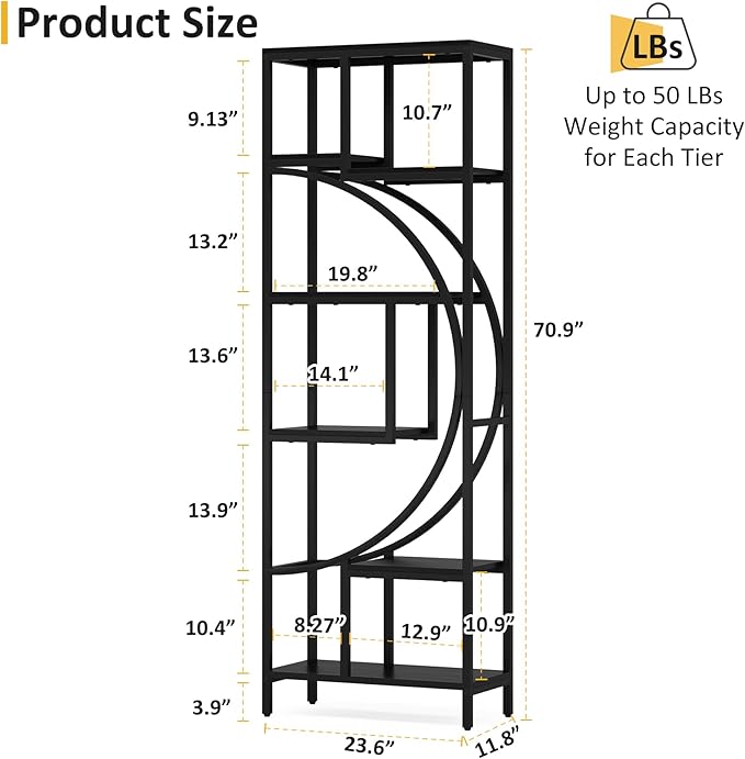 Geometric Bookshelf, 70.9" Tall Bookcase with 7-Shelf Open Shelves, Wood Metal Book Shelf Display Rack Storage Shelving Unit for Office, Bedroom, Living Room, Easy Assembly, Black