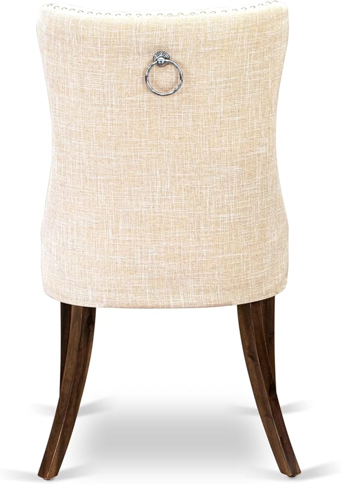 I5DA5-50N-32 5-Piece Modern Dining Table Set with Polyester Fabric 4 Light Beige kitchen chairs, Button-Tufted Backs, and a 54"Round Table in Antique Walnut Finish.