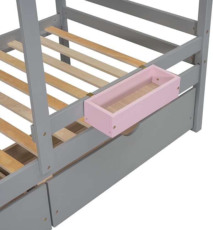 Ball & Cast Twin Over Twin Size Bunk Bed with 2 Drawers and 1 Storage Box,Playhouse Wood Bunkbed w/Window & 1 Shelf,Slat Support,Space Saving,Bedroom Furniture for Student Dorms,Gray