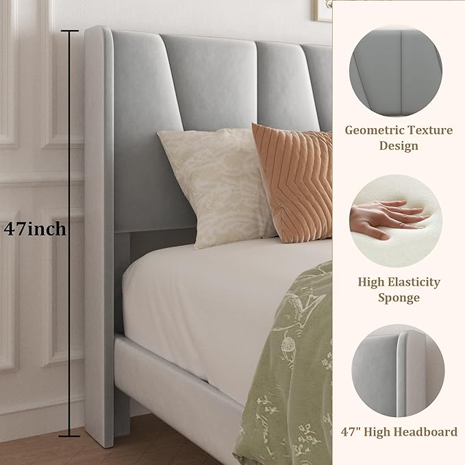 Full Bed Frame with Storage Drawers, Upholstered Platform Bed with Headboard and Wingboard, No Box Spring Needed, Noise Free, Easy Assembly, Wooden Support Slats, Light Grey