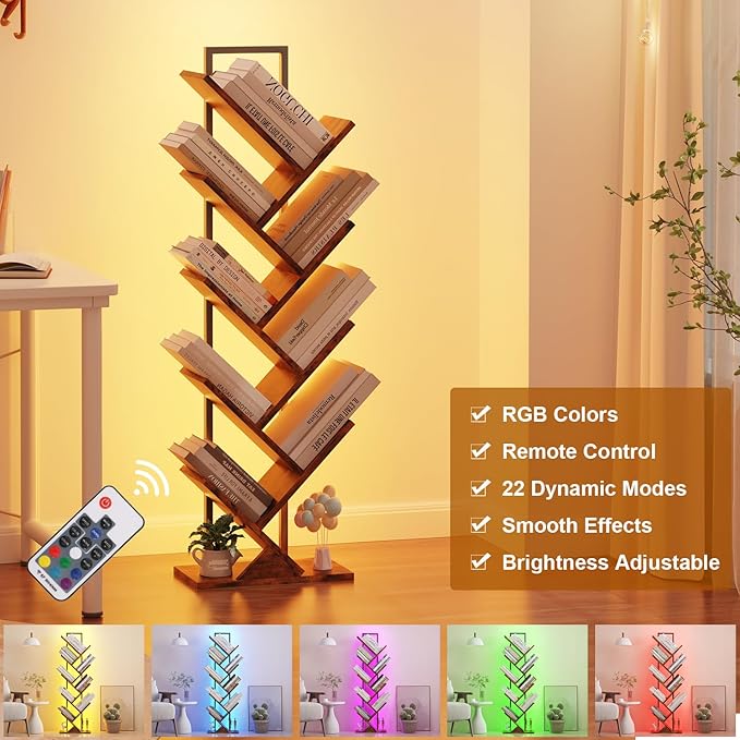 Tree Book Shelf with LED Lights, 9 Tier Floor Standing Bookcase, Classical Corner Shelf Kids Bookshelf, Tall Wood Book Storage for Bedroom, Living Room, Home Office, Brown