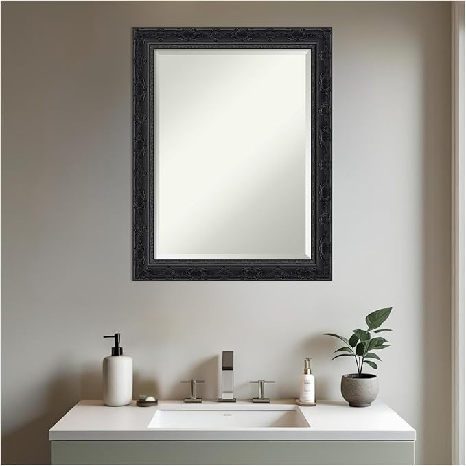 Amanti Art Bathroom Mirror for Over Sink, 29x23 Filigree Gloss Black Rectangle Vanity Mirror, Medium Traditional Frame, Hangs Horizonally and Vertically, Bathroom Wall Decor, Beveled Edge