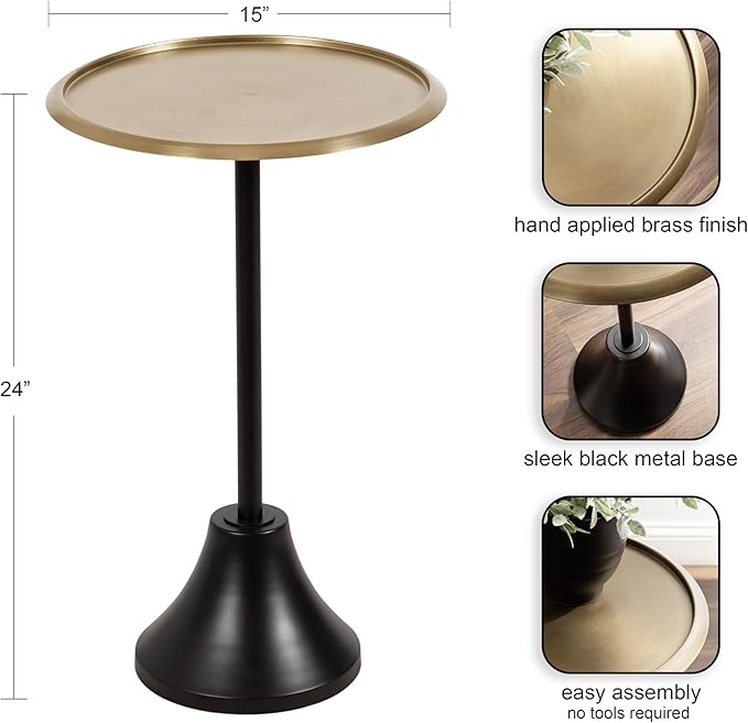 Kate and Laurel Sanzo Modern Pedestal Round Side Table; 15 x 15 x 24; Antique Brass and Black; Circle End Table with Metal Tabletop for Use as Indoor Plant Stand or Bedroom Nightstand