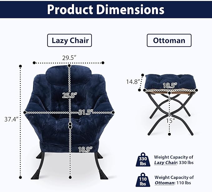 Lazy Chair with Folding Ottoman, Accent Chair Plush Upholstered with Metal Structure and Non-Slip Pads, Sofa Armchair with Footrest and Side Storage Bag for Dorm, Room, Office, Navy Blue