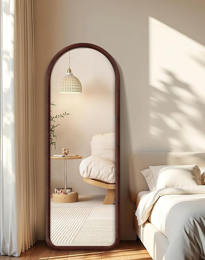 Delma Arched Full Length Mirror, Free Standing Floor Plush Flannel Frame Mirror for Leaning or Hanging, Soft Touch Bedroom & Living Room Decor, Dark Brown