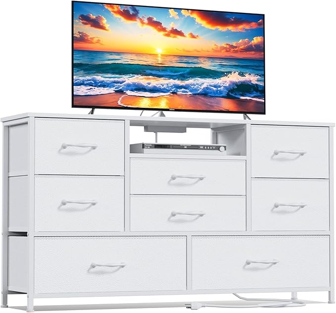 Furnulem Dresser for Bedroom, Wide Chest with Power Outlet for 55" TV Stand Entertainment Center, Deep 8 Drawers for Storage in Living Room,Entryway,Hallway,Closet(White)