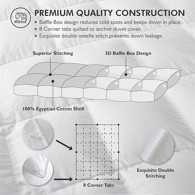 Luxurious White Solid Medium Weight, Oversize California King Size Goose Feathers Down Comforter for All-Season, 108 X 98 inches, Premium Baffle Box, 100% Egyptian Cotton Cover, 80 oz. Fill Weight